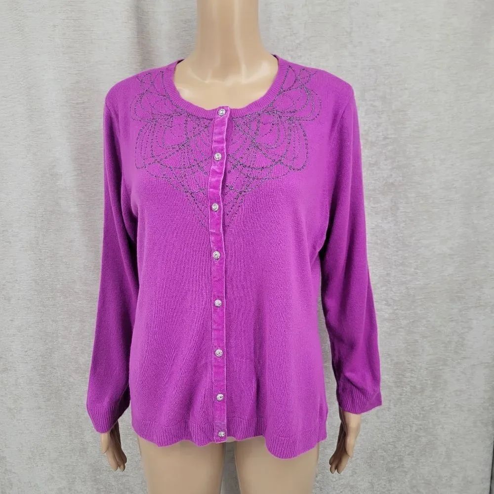i.e. Y2K Purple Cardigan with Velvet Trim Rhinestone Buttons Very Soft Luxe Feel